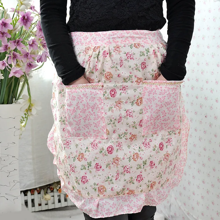 Women Housewife Short Waist Ruffled Floral Print Apron With Two Pockets Cooking Cotton Apron Bib For Restaurant Home Kitchen ZA0879