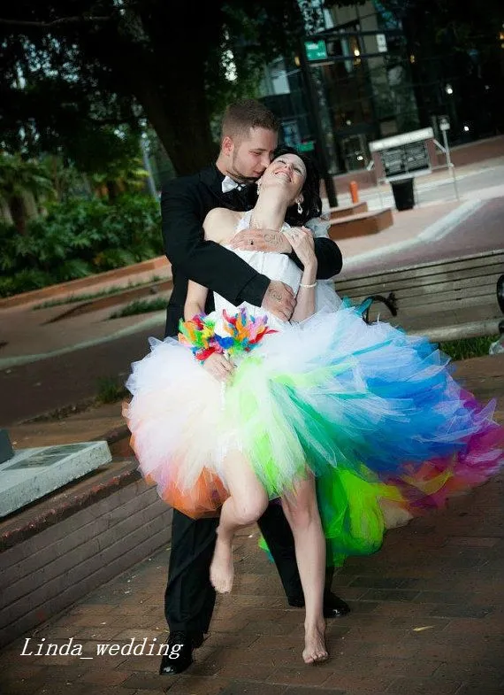New Arrival Colored Rainbow Wedding Dresses Romantic Puffy Ball Gown Halter Tulle Long Dream Princess Bridal Party Gowns
