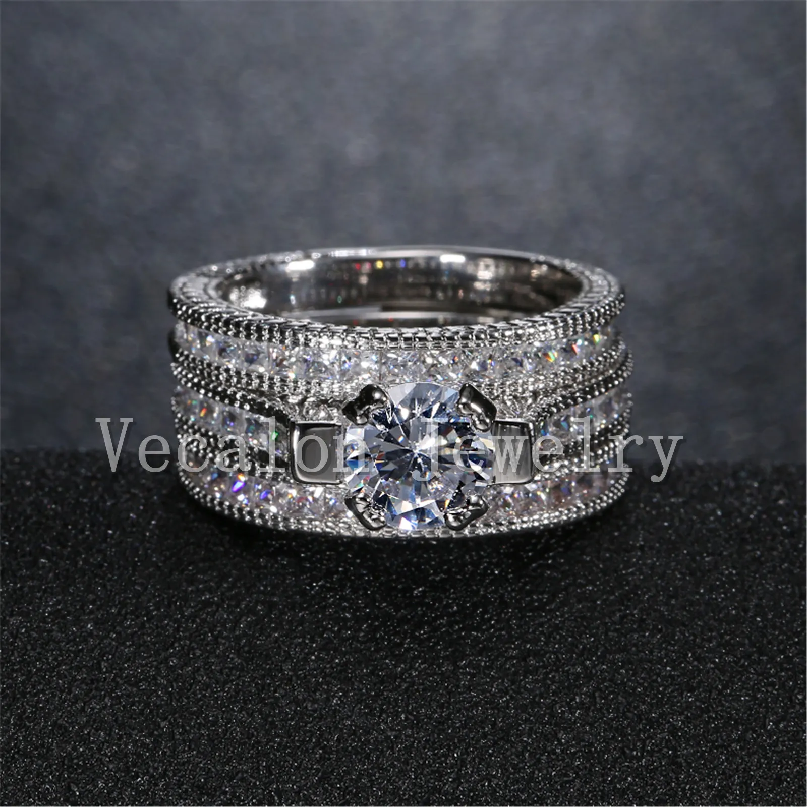 Vecalon Vintage ring 3ct Simulated diamond cz 14KT White Gold Filled 3-in-1 Engagement Wedding Band Ring Set for Women Sz 5-11