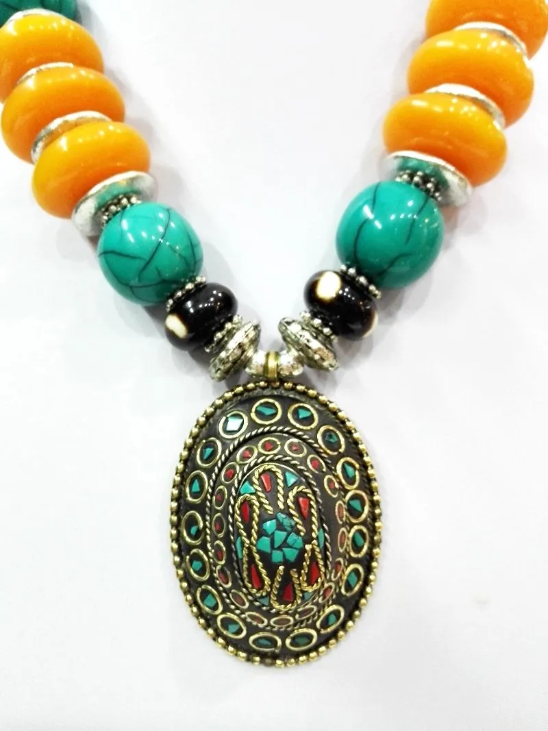 18 '' Ethnic Pendant Chunky Colar Tibet prata brilhante Âmbar Turquesa Bead oyzz-009