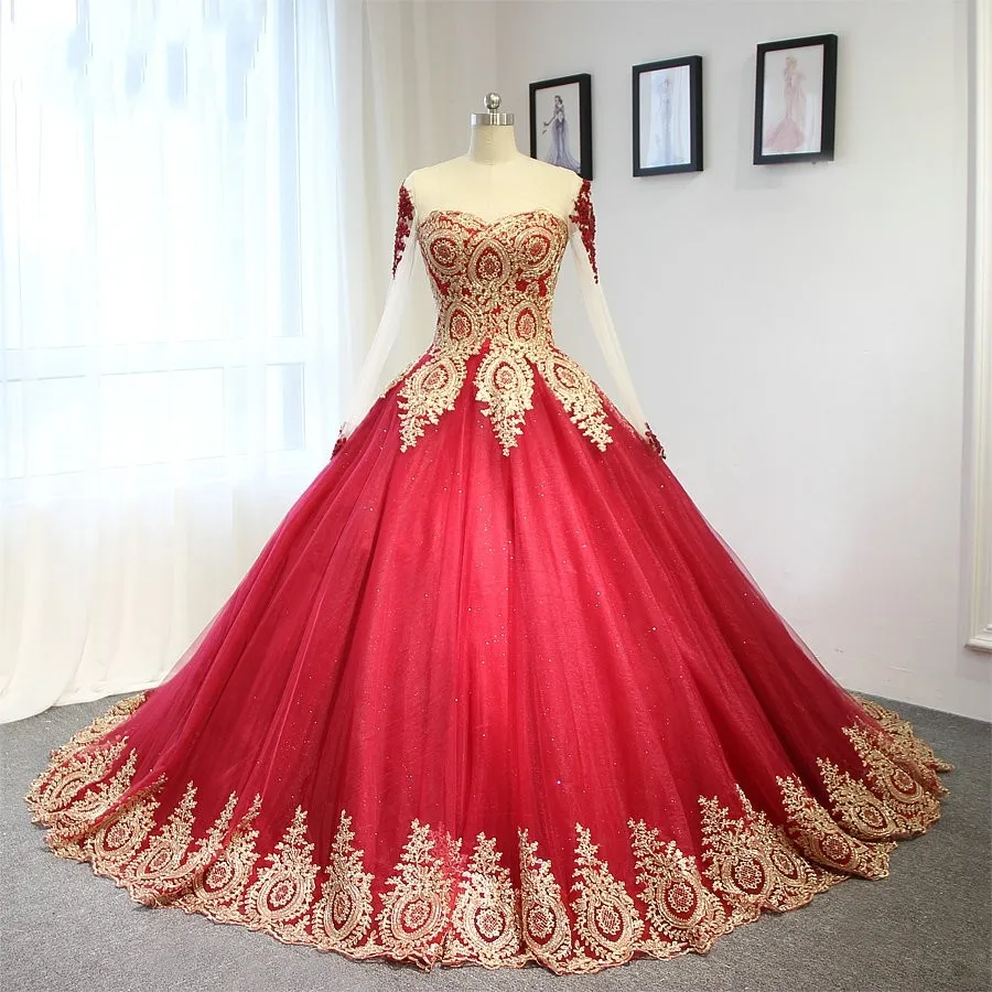 Neue rote und goldene Ballkleid-Hochzeitskleider mit langen Ärmeln, Korsett, nicht weiß, bunte Brautkleider, arabisches formelles Kleid nach Maß