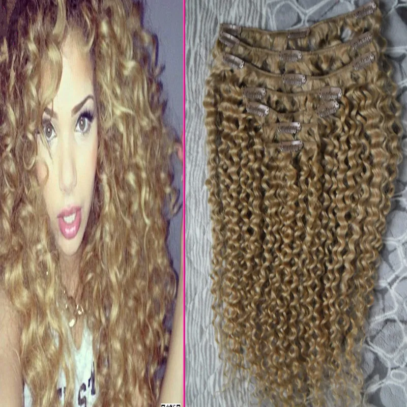 Jordgubb Blond Kinky Curly Clip In Hair Extensions 100G African American Clip In Human Hair Extensions 7PCS Mongolian Kinky Curly Hair