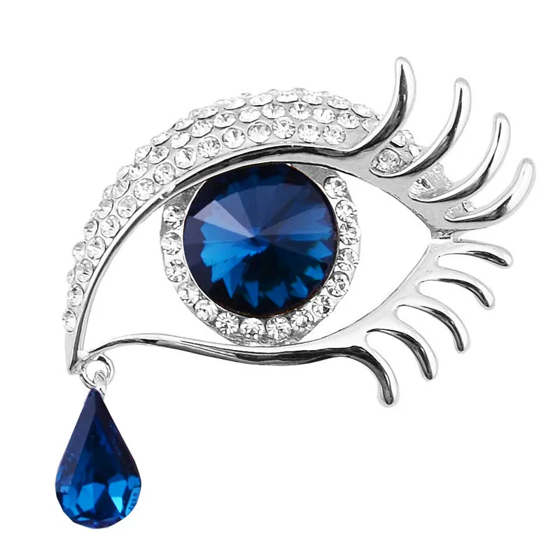 Silver Plated Stunning Diamante Luxury Teardrop Pendent Crystals Drop Blue Eye Brooch Lovely Long Eyelashes Women Gift Brooch Pins
