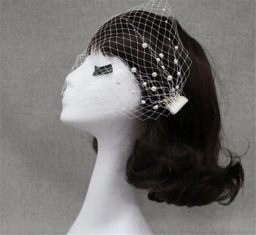 Vintage Wedding Bridal White Birdcage Veil Face Net Pearl Beaded Fascinator Comb Headbonad Hårtillbehör Huvudband Huvudbonad FAC8524965