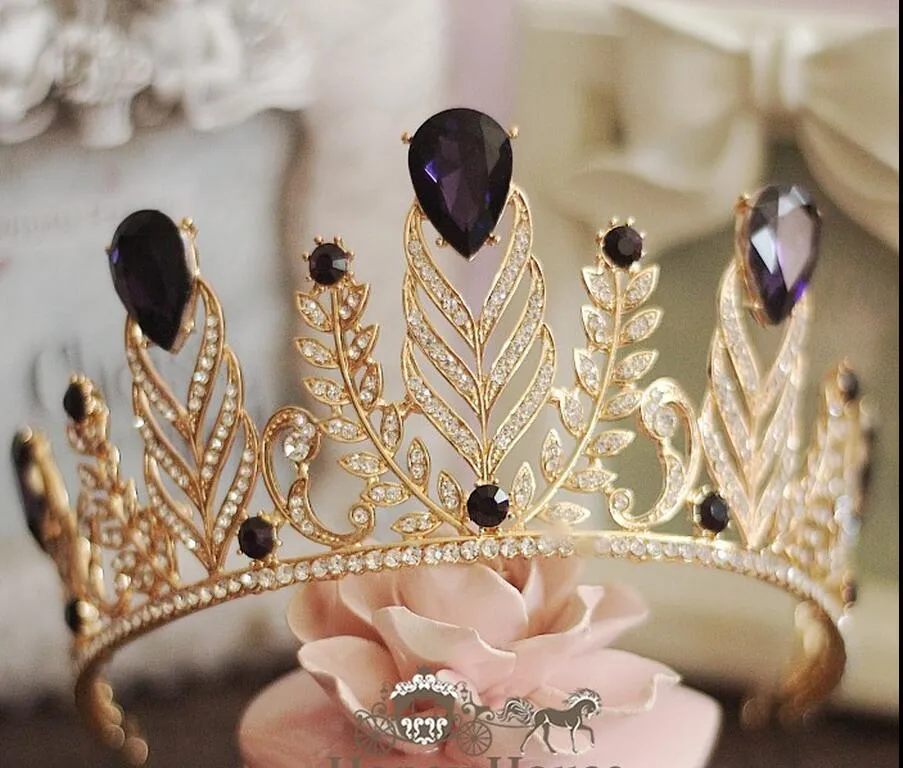 バロック様式の結婚式のパーティーヘアアクセサリー紫のDimand Crystals Princess Queen Pearls headwearブライダルティアラジュJewelry Gold Pageant Crowns