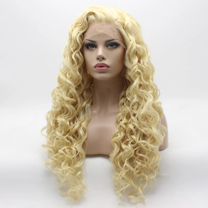 Iwona Cabelo Encaracolado Longo Luz Loira Peruca 18 # 613 Metade Mão Amarrada Resistente Ao Calor Peruca Dianteira Do Laço Sintético