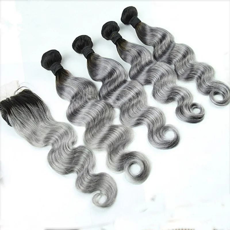 1B / Grau Ombre Brasilianisches Haar Bundles Mit Körperwelle Spitzeschliessen 4 Stücke Zweifarbige Haarwebart Mit Verschluss Silbergrau 5 Teile / los