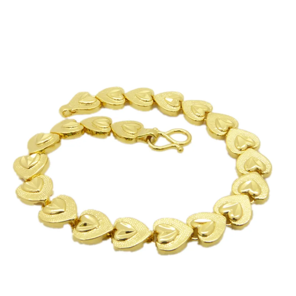 Bracelet élégant en or jaune 18 carats rempli de cœur avec chaîne de 19 cm de long