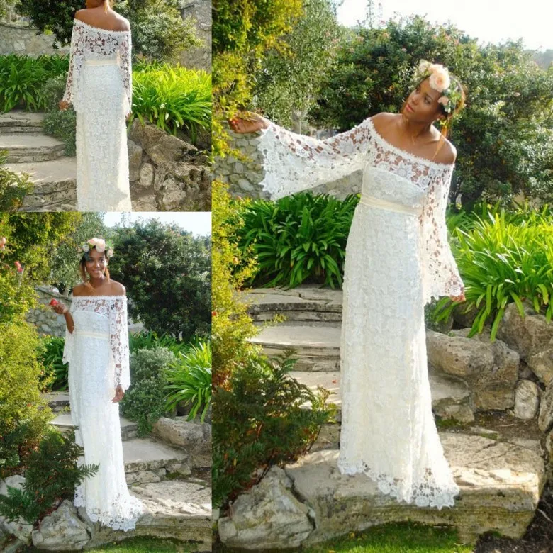 Vintage Beach Bohemian Bröllopsklänningar Långärmade 2020 Sweep Train Custom Made Boho A Line Plus Size Bridal Gowns Vestidos de Novia