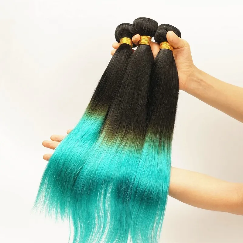 9A Peruvian 1B Teal Two Tone Human Virgin Hair Bundles Silky Straight Extensions Dark Roots Teal Green Ombre Human Hair Weaves