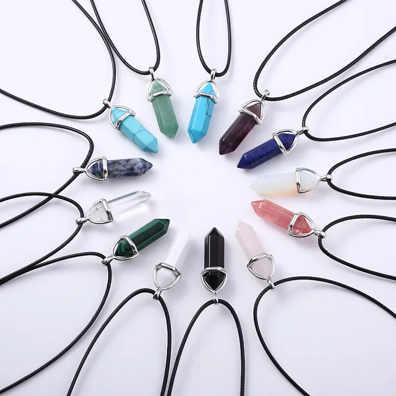 30 COULEURS Chaînes En Cuir Véritable Gemme Brute Pendentif Rose Violet Cristal Bullet Reiki Point Chakra Pierre Naturelle Collier Femmes Bijoux