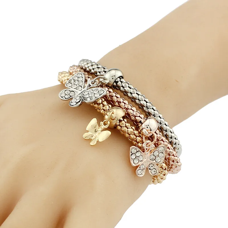 Neue dreifarbige Popcorn-Armband-Sets, Stretch-Armreifen, Kristall-Strass, Musiknote, Schmetterling, quadratischer Abstandshalter, Charms für Damen, Modeschmuck