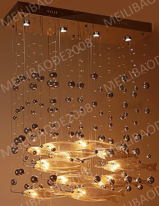 Be33 Modern LED Glass Cognac Färg Flyga Fisk Ljuskraft Matsal Bar Pendant Lights Crystal Taklampor för vardagsrum Hotell Lobby