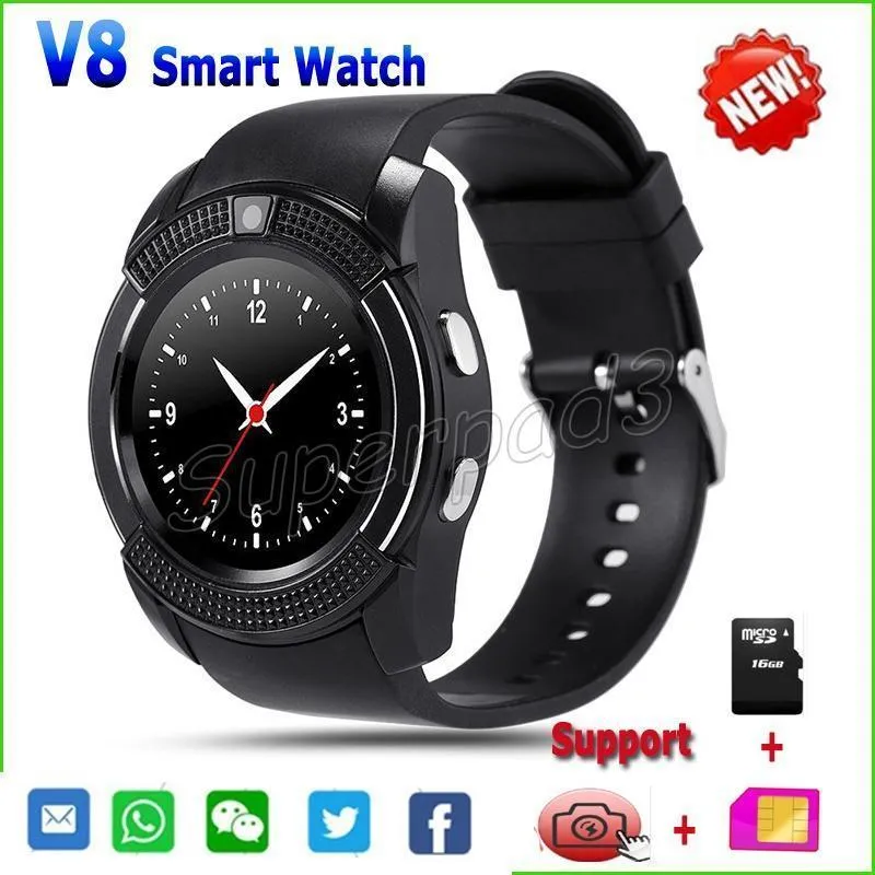 V8 smartwatch relógio com slot para cartão sim tf bluetooth para apple iphone telefone android gsm relógio 0.3mp câmera web navegação sono rastreador