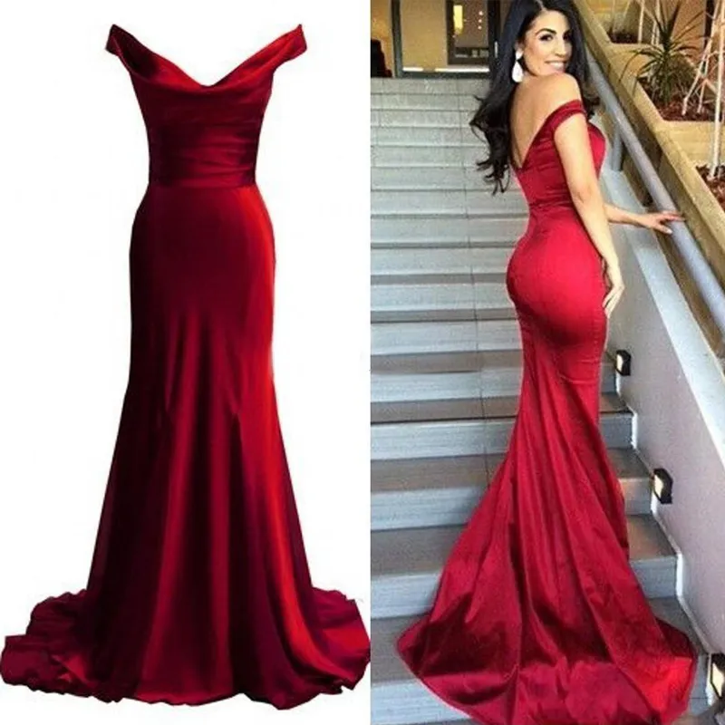 Sexy justo Sereia Vestido de Noite Dark Red Off the Shoulder Ruched drapeado V Neck mangas baratos Prom Dresses Visitante Vestido Custom Made