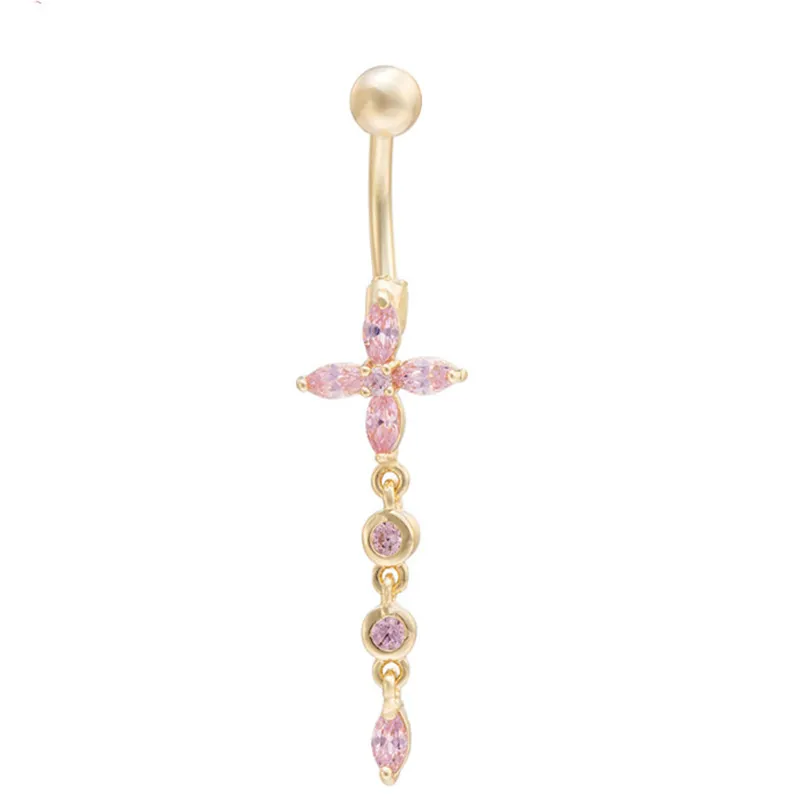 Allergic Free 18k Yellow Gold Plated CZ Crystal Flower Body Piercing Dangle Ring for Women Belly Button Rings for Dancing