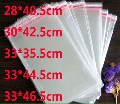 100pcs / lot auto-adhésif joint poly sac emballage opp sac d'emballage en plastique transparent 28x40.5cm 30x42.5cm 33x35.5cm 33x44.5cm 33x36.5cm grand sac