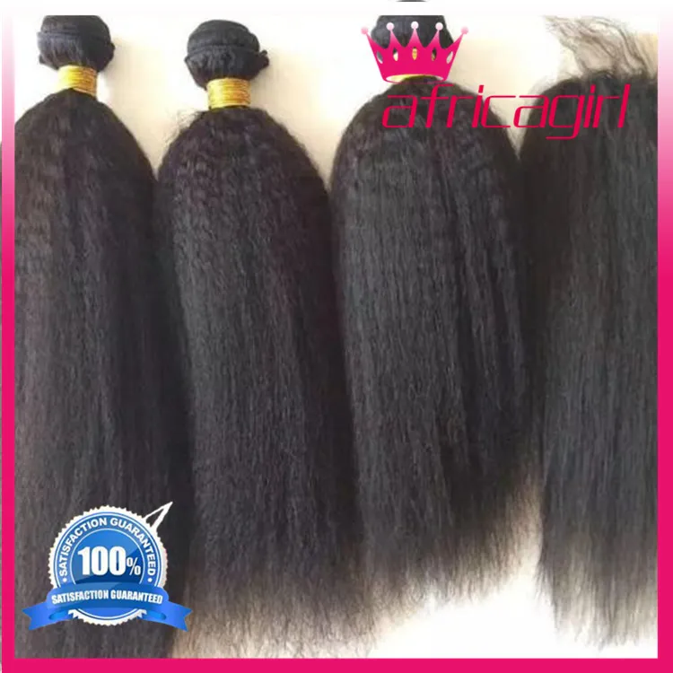 9A Mongolian Kinky Straight Virgin Human Hair With Closure Free Middle ...