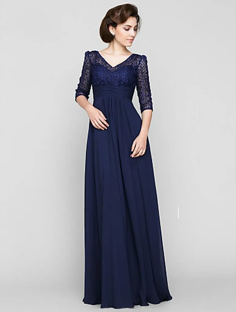 New Dark Navy V-neck A-line Floor-length Half Sleeve Lace and Chiffon Mother of the Bride Dress