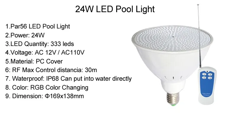 RGB Pool Light LED AC 12V E27 Undervattenslampa 18W 24W 35W Par56 Lampada för utsidan WateProor IP68 dammlampa med fjärrkontroll