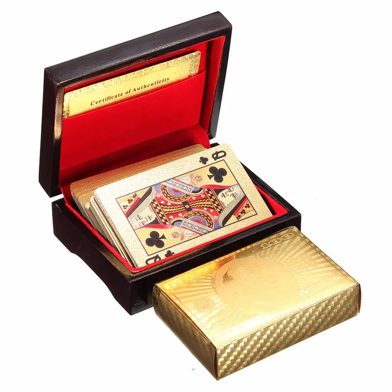 Hoge kwaliteit speciale ongebruikelijke geschenk 24k karaat gouden folie vergulde pokerspeelkaart met houten doos en certificaat traditionele editie