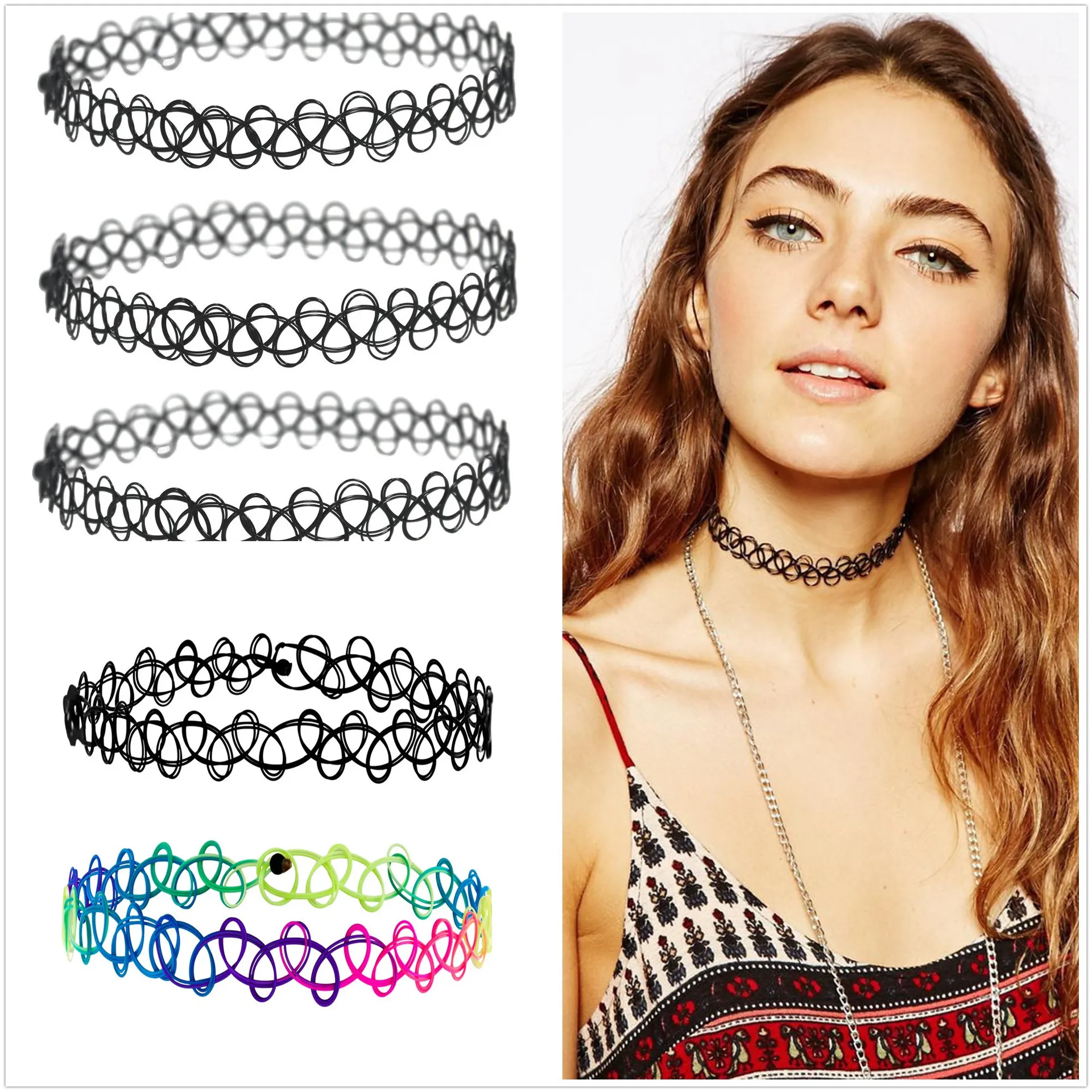 2016 Ny stretch tatuering choker halsband gotisk punk grunge henna elastiska 12 färger choker halsband för mode kvinnor