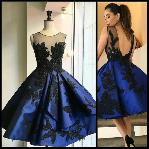 Navy Blue Short Prom Dress with Black Lace Appliques Satin A-Line Sheer  Neck Backless Mini Evening Gown from Dhgate Prom Dresses - price 94.48