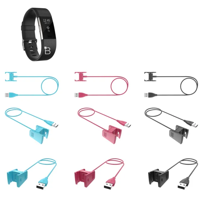 Câble de chargement USB de remplacement, cordon de chargeur pour Fitbit charge 2 Smartband 55cm/1cm, noir/rose/bleu