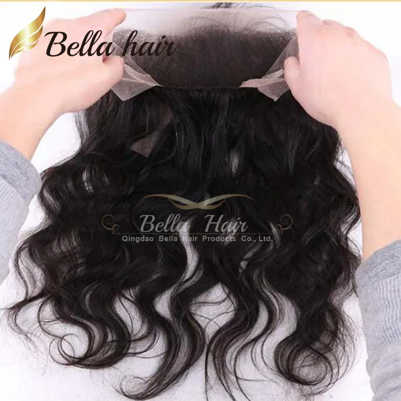 Bella Hair® 8A Virgin İnsan Saç 360 Dantel Frontal Kapatma 22 "* 4" Elastik Bant Vücut Dalga Ağartılmış Knot