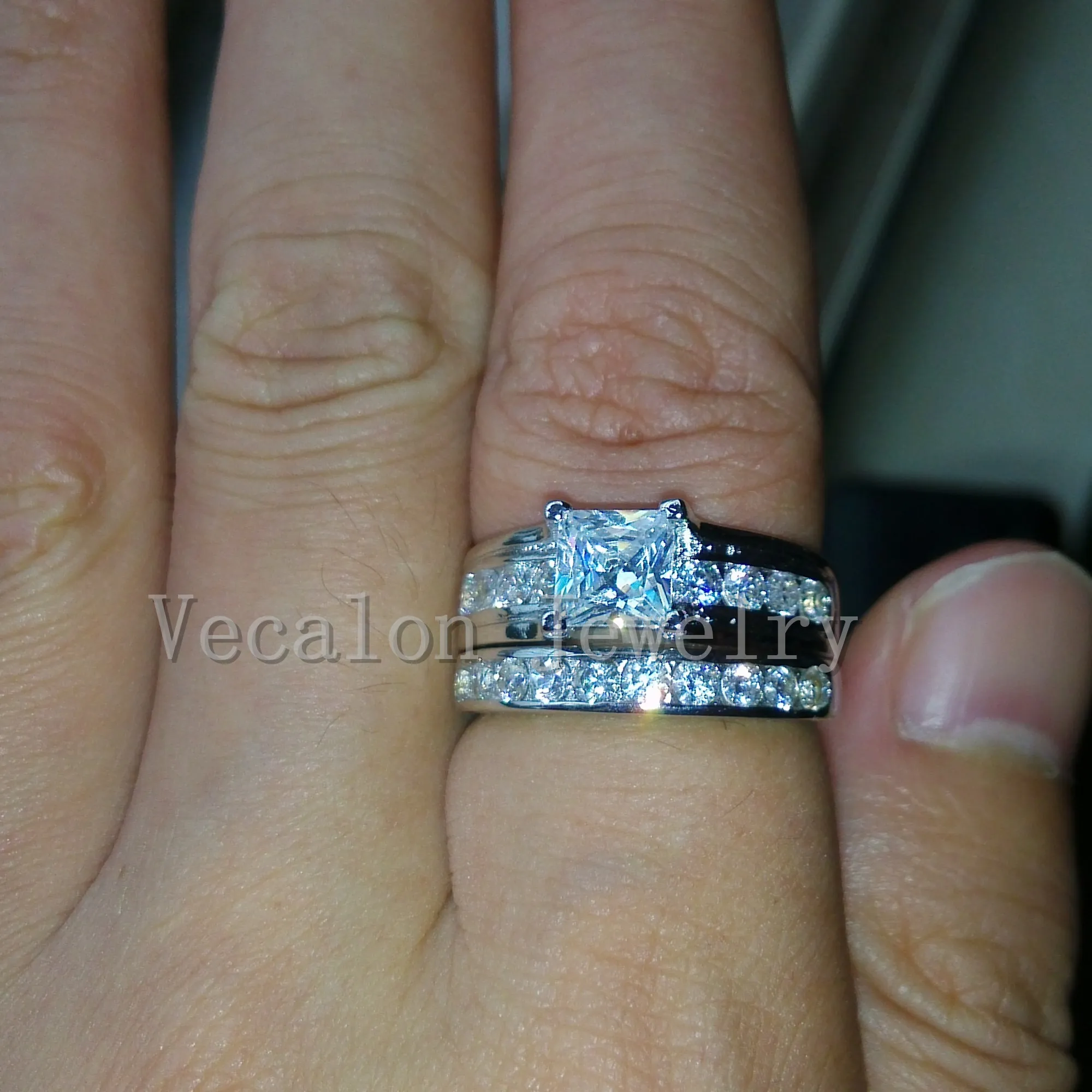 Vecalon Engagement Wedding Ring Set för Kvinnor Platinum Plated 1CT Simulerad Diamond CZ 925 Sterling Silver Kvinna Band Ring R104