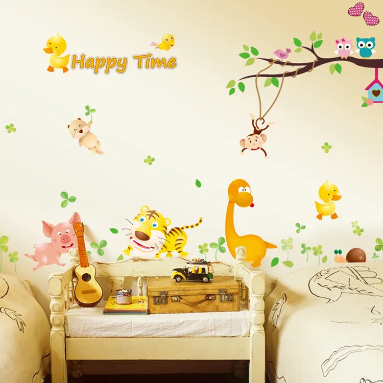 جميل أطفال نوم ملصقات الحائط الكرتون خنزير النمر البومة الحيوانات مع شجرة القرد جميل الحضانة ملصقات الحائط الحضانة ملصقا المدرسة