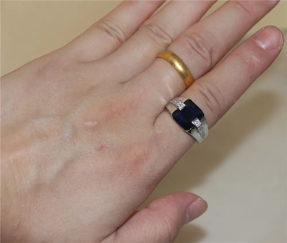 Herr 925 Silver Blue Sapphire Simulated Diamond CZ Gem Stone Smaragdskurna ringar Förlovning Bröllopsdagsband Smycken pojkar