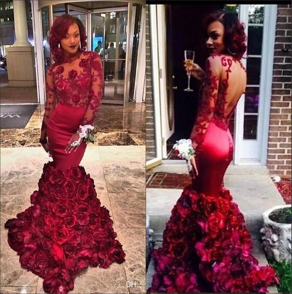 2016 Sexy Afryki Burgundy Mermaid Prom Dresses z kwiatowym Rose Długim Rękawem Formalne Suknie Party High Neck Otwórz Powrót Suknie Wieczorowe Aplikacja