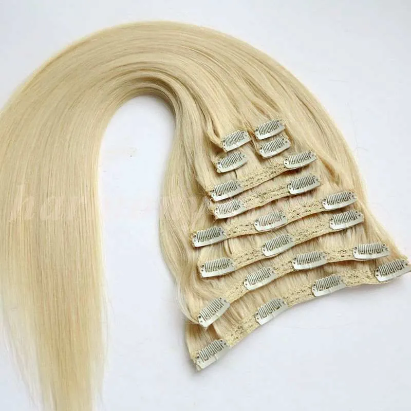 160g Clip in hair Extension human hair #613/Bleach Blonde 20 22inch Straight Brazilian Hair Extensions