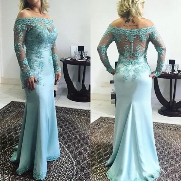 Stunning Mother of the Bride Dresses Mermaid Sheer Off the Shoulder Illusion Long Sleeves Beaded Lace Appliques See Through Back Buttons