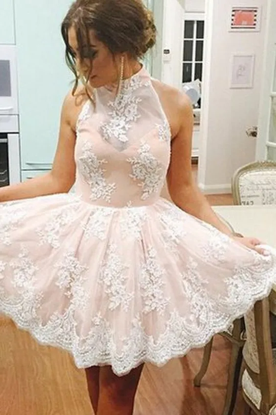 Vestidos de fiesta de cuello alto vintage con apliques de encaje 2016 Vestidos de fiesta cortos simples Hasta la rodilla Vestido de fiesta de precio de descuento por encargo