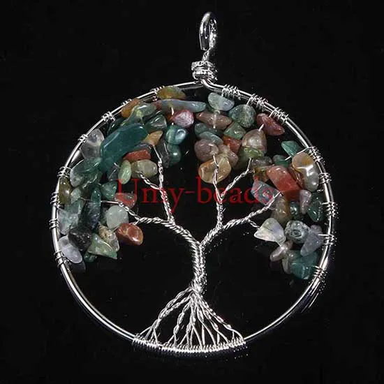 Hela 10st Silver Plated Natural Gravel Gemstone Winding Round Shape Beads Tree of Life Hearling Ponit Chakra Stone Pendant J273o