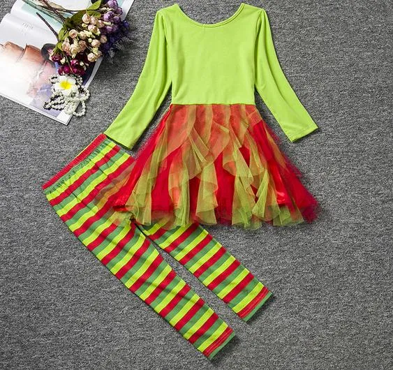 2016 gilrs Natale vestito del nuovo anno autunno ragazze del fumetto tutu manica lunga top dress + ragazze banda pantaloni ragazze 2 pz / set vestito set bambini vestiti