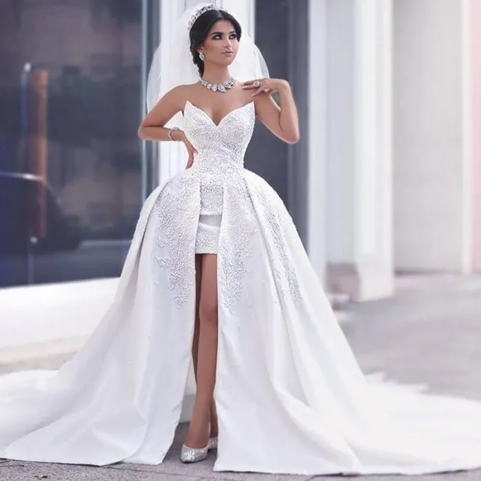 Luxury Sweetheart Beading Wedding Dresses 2016 2017 Summer High Low Bridal Gowns Sexy Backless Sweep Train Wedding Gowns Custom Made
