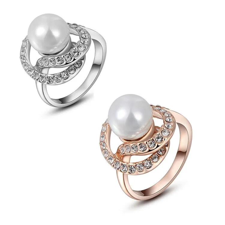 Moda 18K Rose Gold and White Gold Pearl Rhinestone Zielony Pierścień Austriacka Diamentowa Kryształowa Suknia Ślubna Pierścienie