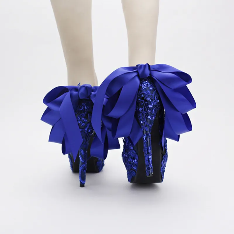 Zapatos de boda de encaje de Color azul, zapatos de tacón con purpurina para discoteca, hermosos zapatos de satén con lazo para mujer, zapatos de fiesta, zapatos de vestir azules