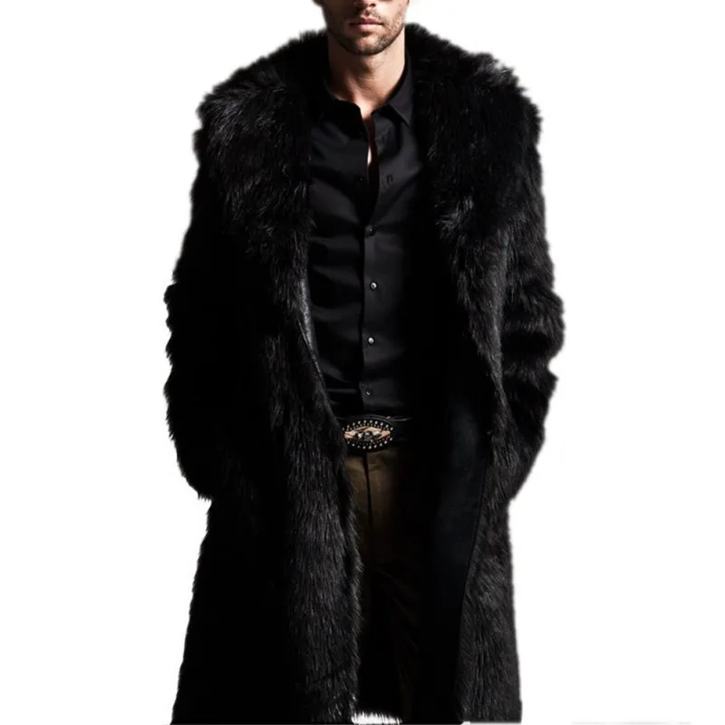 Venta al por mayor- Moda Invierno Hombres Abrigos Piel sintética Chaquetas largas Hombres Abrigo Manga larga Cuello vuelto Abrigo Tallas grandes Hombres Outwear lLongCoat