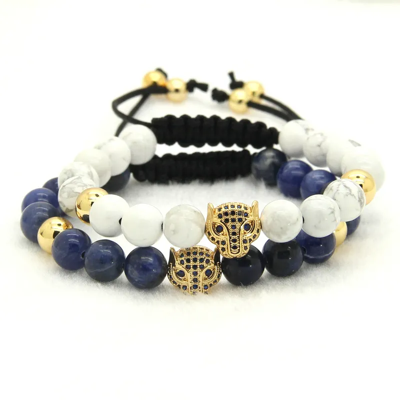 Hot Atacado / 8 milímetros Natural White Howlite pedra de mármore azul Zircons Leopard Trançado europeus Tecelagem Mens Pulseiras americanos