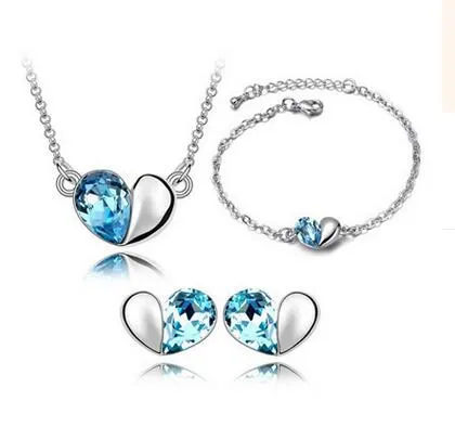 Österrikisk Crystal Heart 925 Silver Plated Pendant Halsband Örhängen och Armband för Kvinna Mode Smycken Set