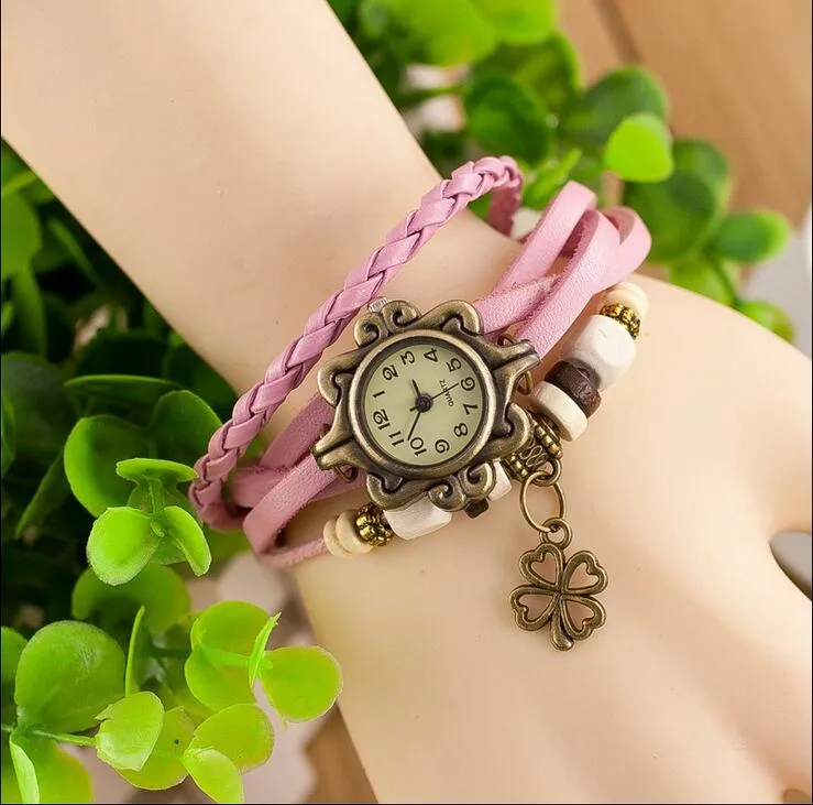 hot sale Leather Hand Knit Vintage Watches Dress bracelet Women Girls Ladies clover Pendant Retro