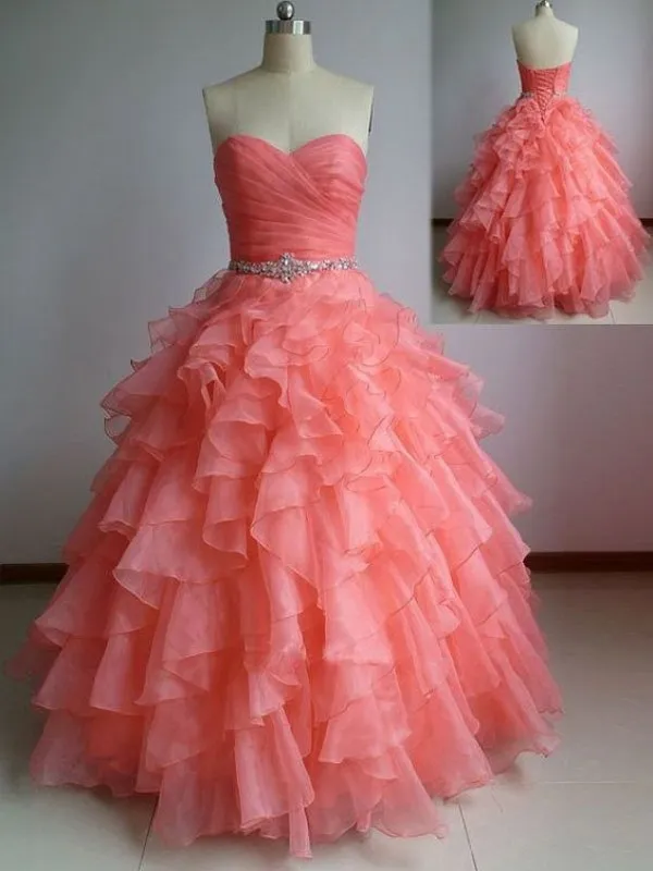 Amostra real de Alta Qualidade Melancia Vestidos de Baile Uma Linha Ruched Babados Organza Espartilho Até O Chão Evening Quinceanera Vestidos de Cristais Faixa