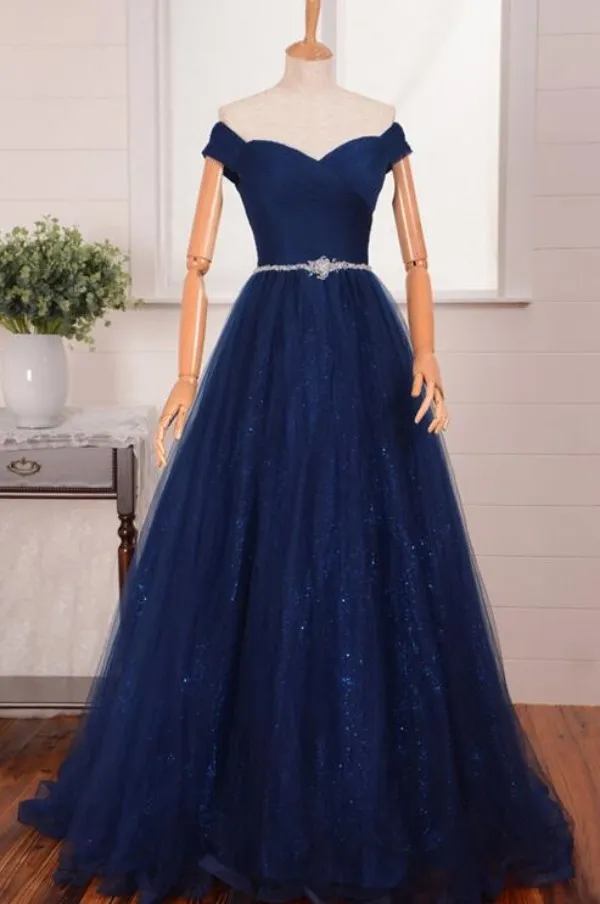 Stunning Prom Dress Long A Line Navy Blue Silver Grey Sequins Tulle Sweetheart Neck Off the Shoulder Evening Gowns with Beaded Belt