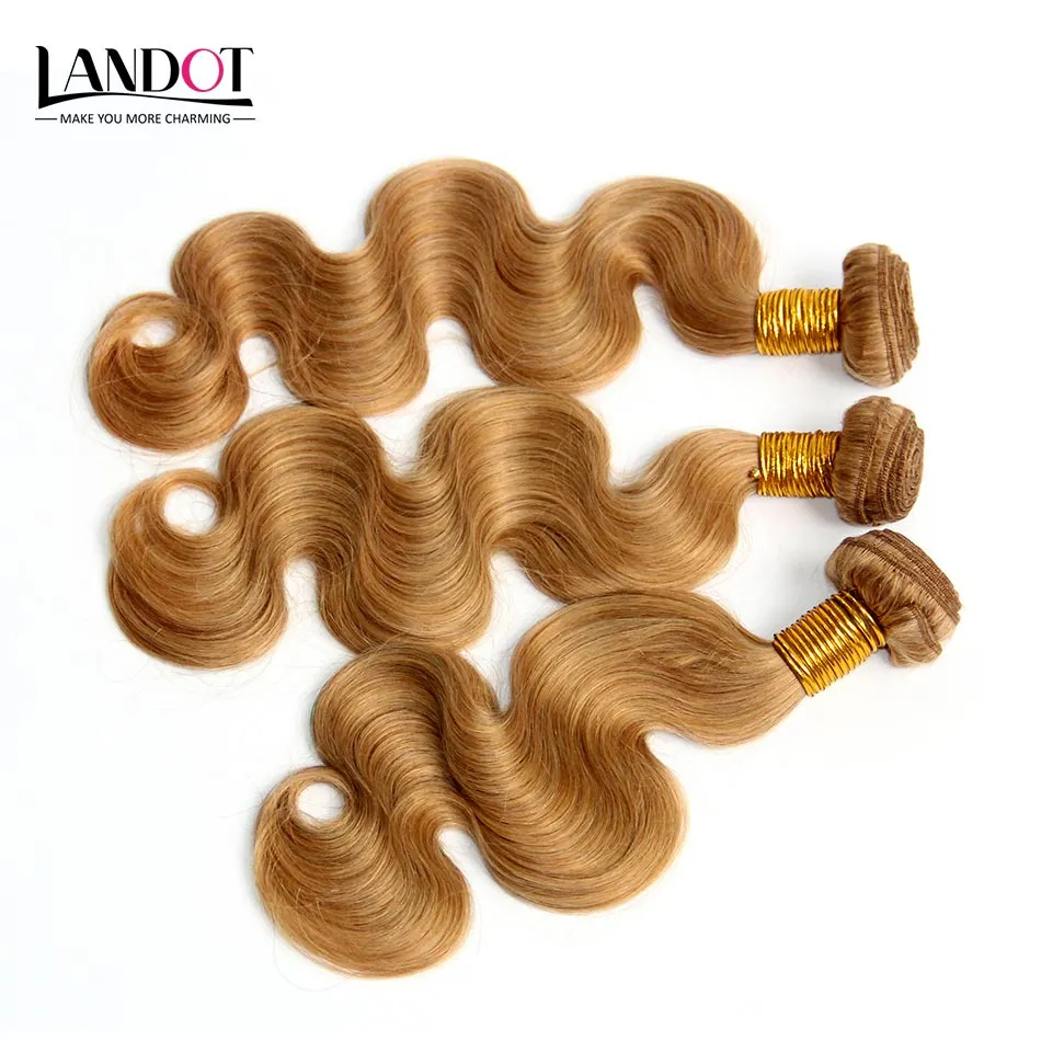 Honey Blonde Indian Body Wave Virgin Human Hair Extensions Color 27 Indian Hair Indian Wavy Hair Weave Bundles Double Drawn Weft