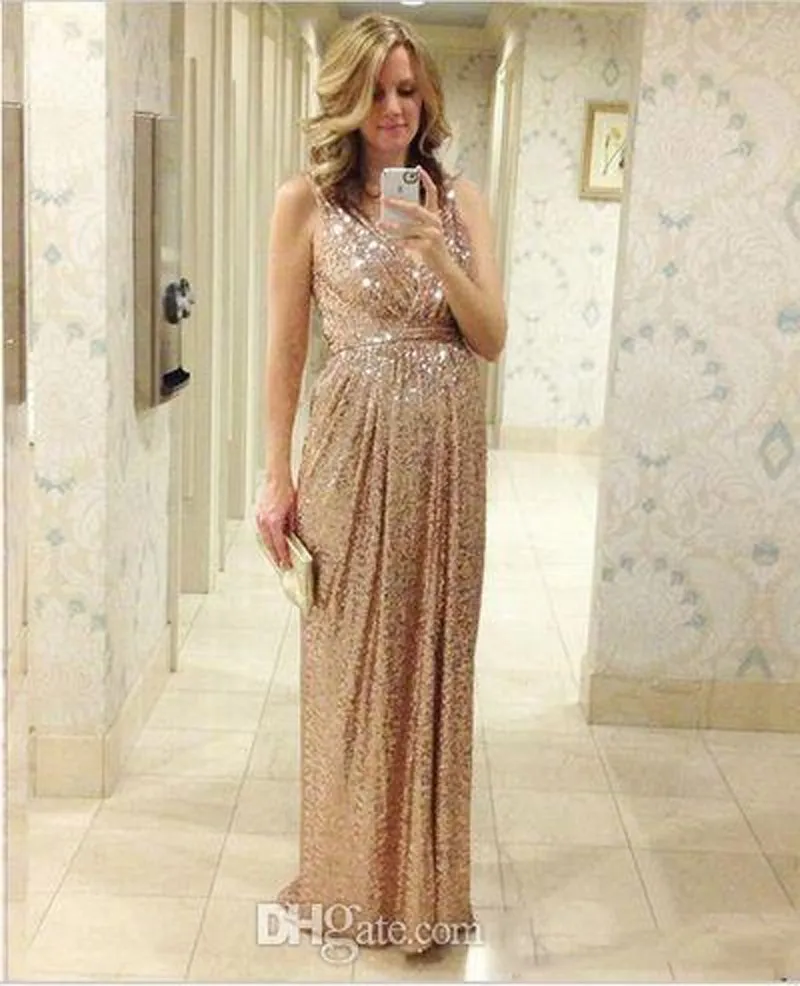 100% Real Pictures Bridesmaid Dresses Cheap Sequins Sleeveless Pleated Floor Length Custom Made Wedding Party Dresses Champagne Gold Silver