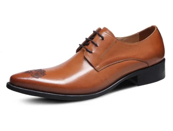 Chaussures habillées en cuir haut de gamme pour hommes, cuir de vache ciré imprimé flore, bout pointu, travail parfait en usine professionnelle